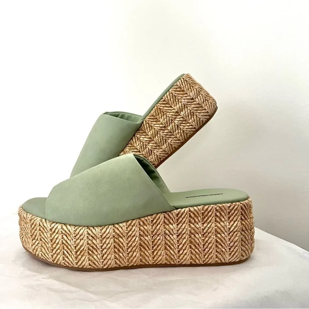 Free People Harbor Raffia Platform Wedge Platform Sandal Light Sage‎ Size 7 NIB